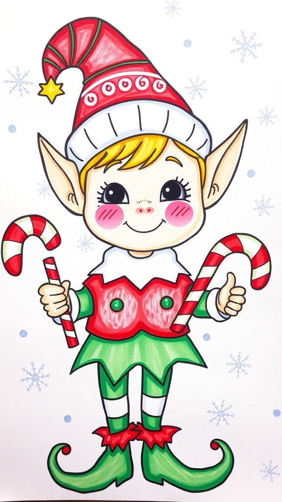 A colorful drawing of a Christmas elf with a red tunic and green pants, smiling and holding a candy cane.